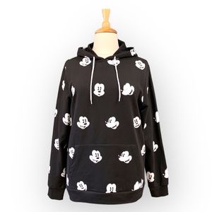 Disney Black Fleece Hoodie Ties White Mickey Mouse Long Sleeve Kangaroo Pocket